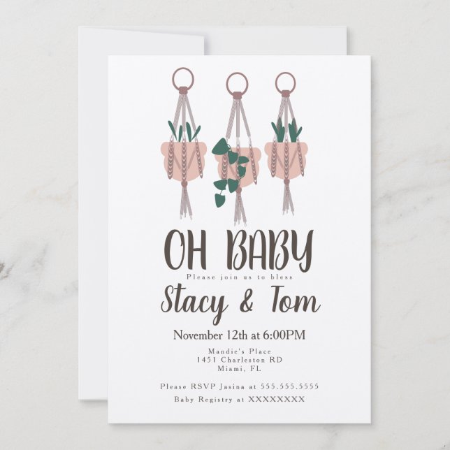 Invitation Baby shower de pots de planter de Plante Macrame (Devant)