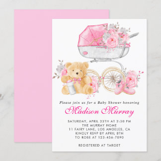 Invitation Baby shower de poussette à poussette rose-rose