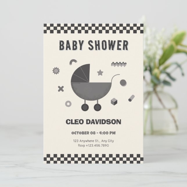 Invitation Baby shower de poussette blanc À damiers noir (Debout devant)