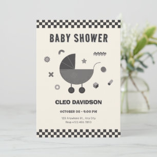 Invitation Baby shower de poussette blanc À damiers noir