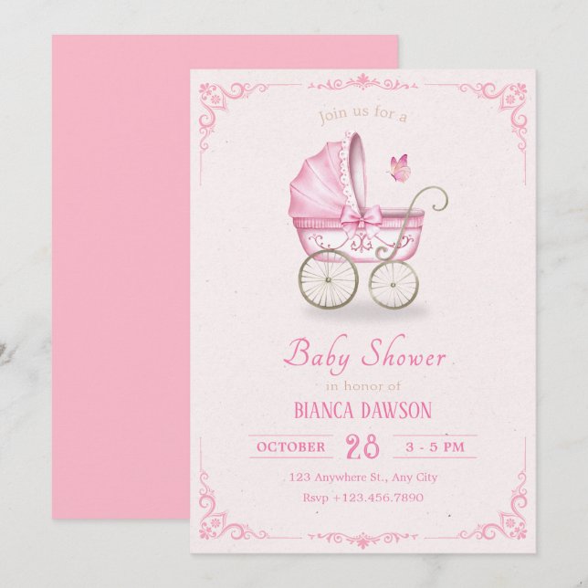 Invitation Baby shower de poussette rose pastel (Devant / Derrière)
