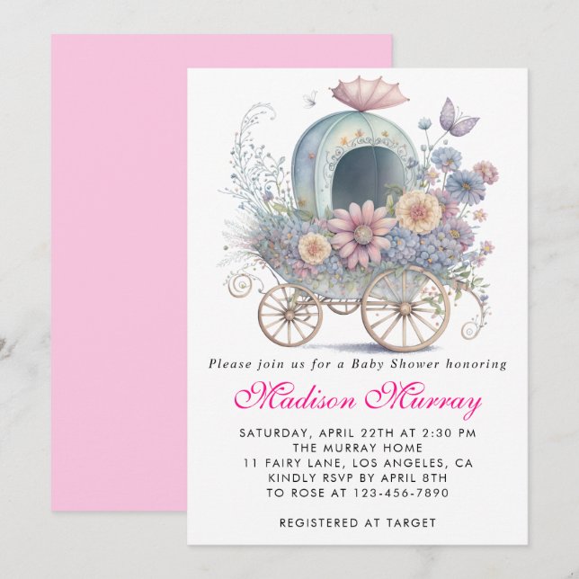 Invitation Baby shower de poussette rose rose rose Fille (Devant / Derrière)