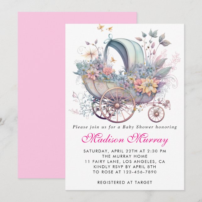 Invitation Baby shower de poussette rose rose rose Fille (Devant / Derrière)