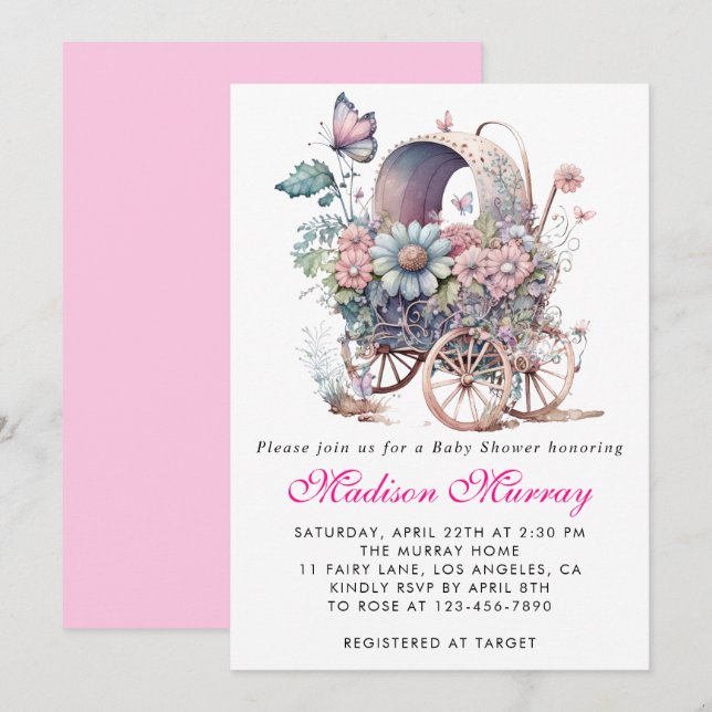 Invitation Baby shower de poussette rose rose rose Fille (Devant / Derrière)