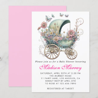 Invitation Baby shower de poussette rose rose rose Fille