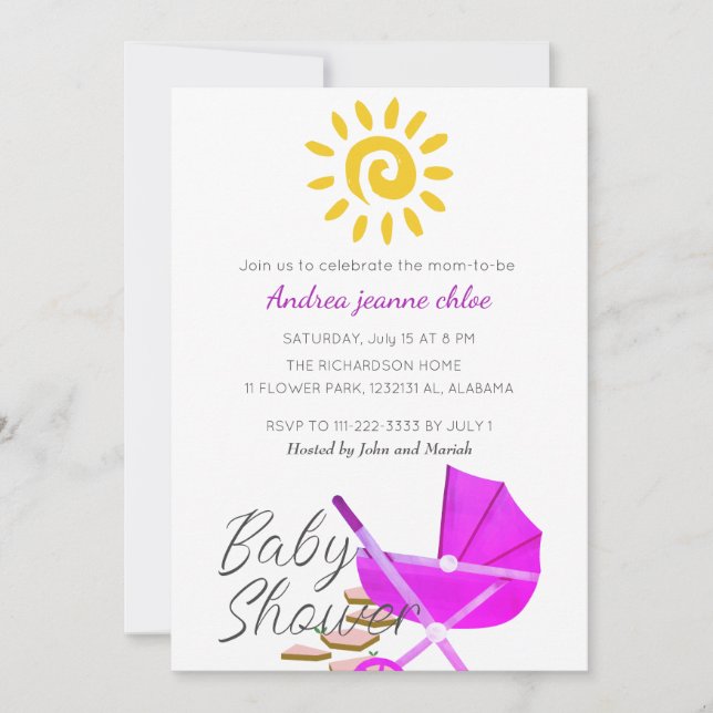 Invitation Baby shower de poussette rose soleil moderne simpl (Devant)