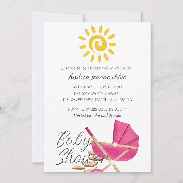 Invitation Baby shower de poussette rose soleil moderne simpl (Devant)