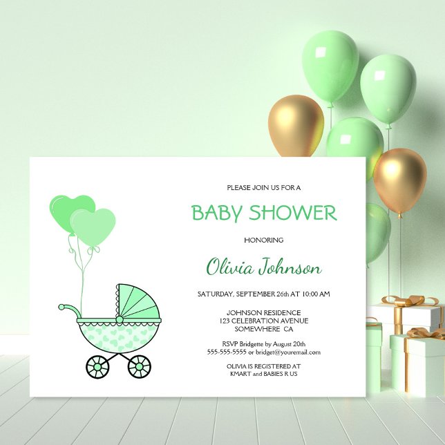 Invitation Baby shower de poussette verte neutre pour les fem (Créateur téléchargé)