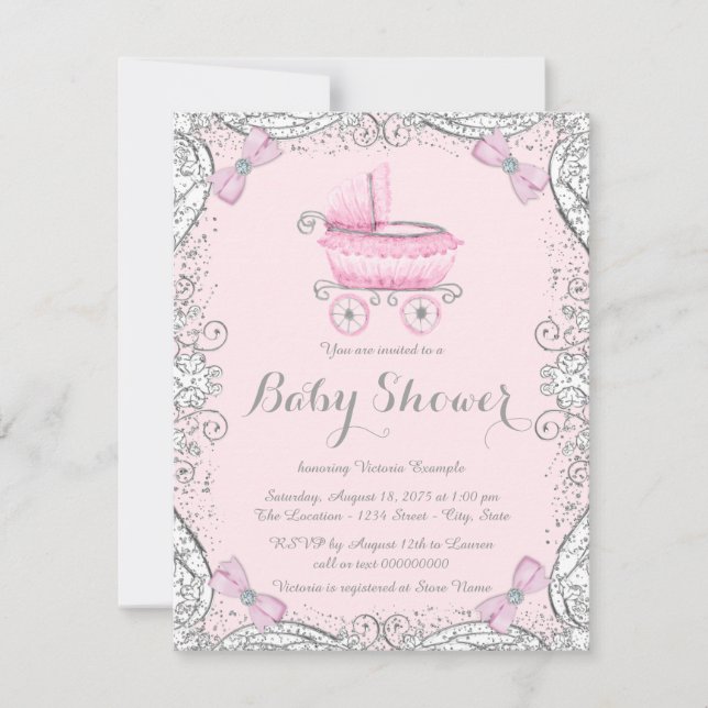 Invitation Baby shower de Pram Parties scintillant rose et gr (Devant)