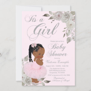 Invitation Baby shower de princesse africaine en argent rose