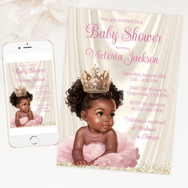 Invitation Baby shower de princesse africaine rose pâle (Pink and gold tutu princess baby shower invitation for print and digital download.)
