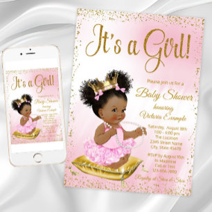 Invitation Baby shower de princesse afro-américaine d'or rose