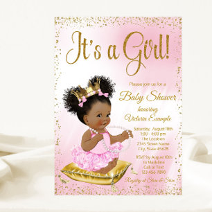 Invitation Baby shower de princesse afro-américaine d'or rose