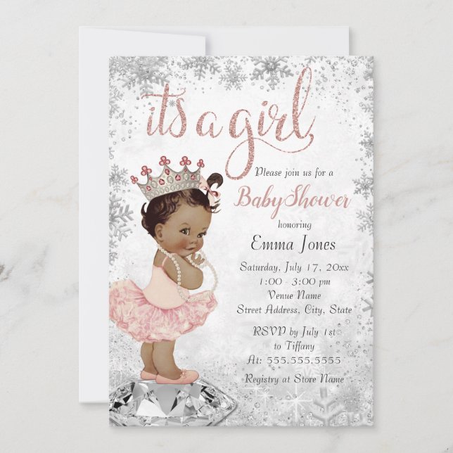 Invitation Baby shower de princesse afro-américaine en argent (Devant)