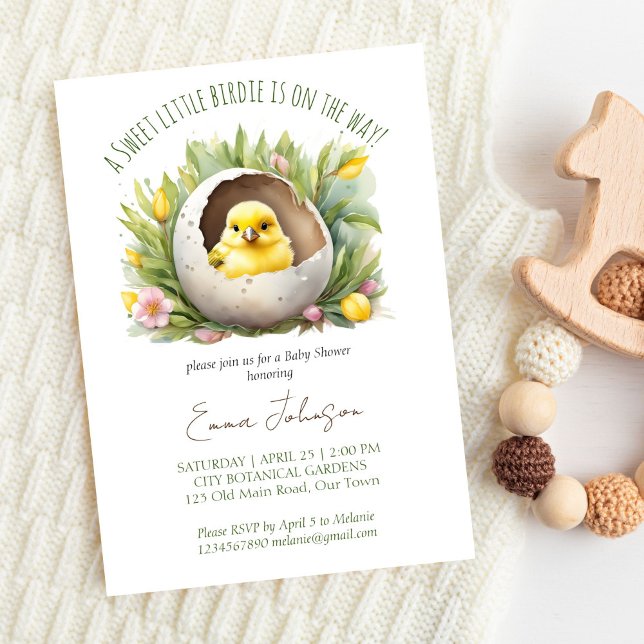 Invitation Baby shower de printemps de l'éclosion de petits o (Little birdie hatching soon spring baby shower template invitation digital download cute canary bird)