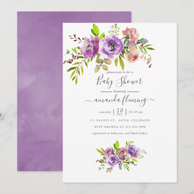 Invitation Baby shower de printemps floral aquarelle (Devant / Derrière)