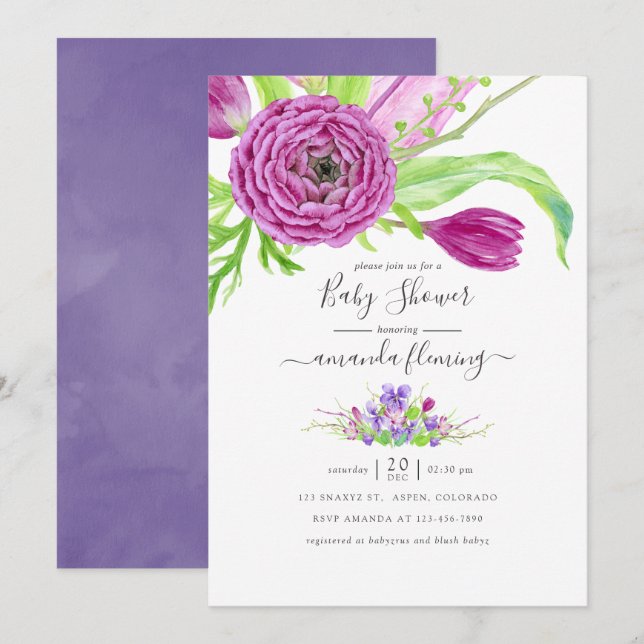 Invitation Baby shower de printemps floral aquarelle (Devant / Derrière)
