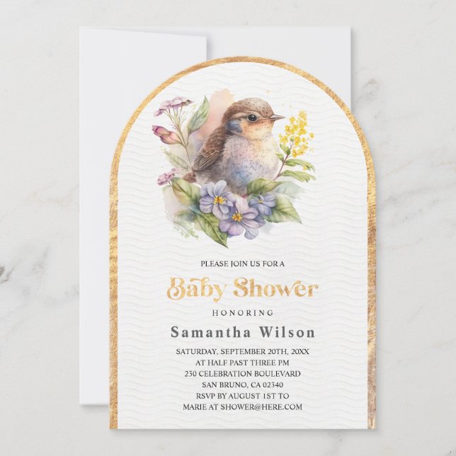 Invitation Baby shower de printemps floral aux oiseaux mignon (Devant)