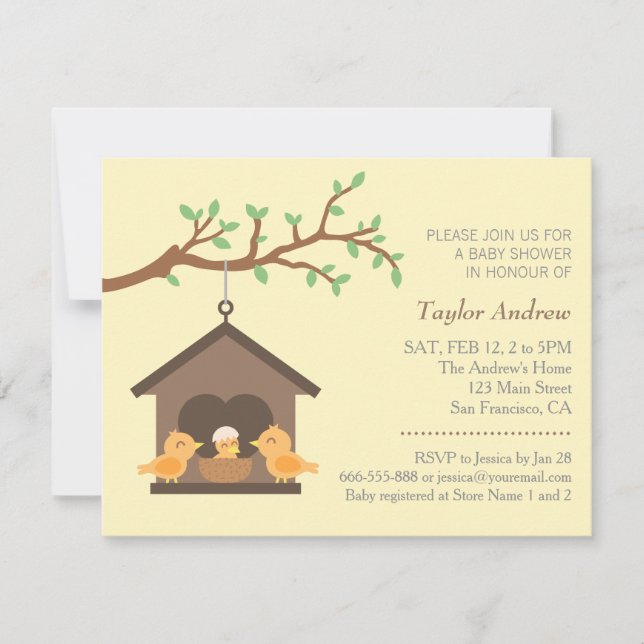 Invitation Baby shower de printemps Oiseau de nid d'oiseaux m (Devant)