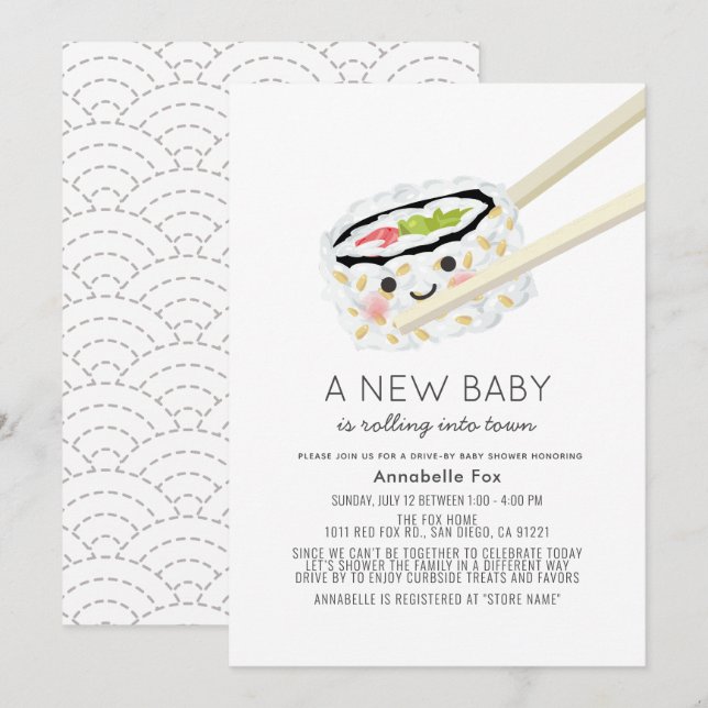 Invitation Baby shower de promenade Sushi Roll Kawaii (Devant / Derrière)