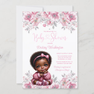 Invitation Baby shower de pull Afro fille en argent rose