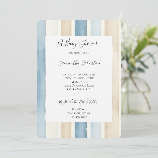 Invitation Baby shower de rayures beige crème bleue (Debout devant)