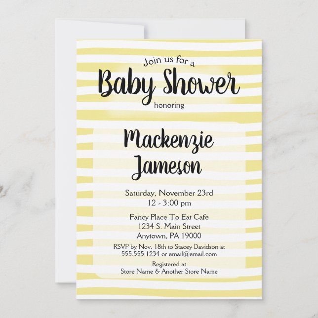 Invitation Baby shower de rayures blanches jaunes (Devant)