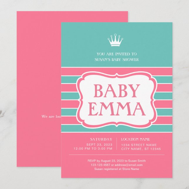 Invitation Baby shower de rayures turquoise rose (Devant / Derrière)