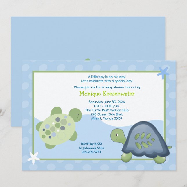 Invitation Baby shower de récif de tortue - bleu c (Devant / Derrière)