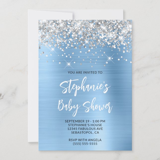 Invitation Baby shower de registre en ligne Silver et Blue Gl (Devant)
