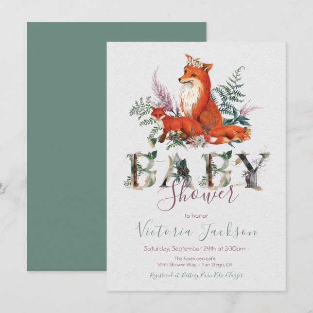 Invitation Baby shower de renard jumeau de la forêt de Woodla (Devant / Derrière)