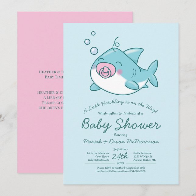Invitation Baby shower de requin mignon Kawaii fille rose (Devant / Derrière)