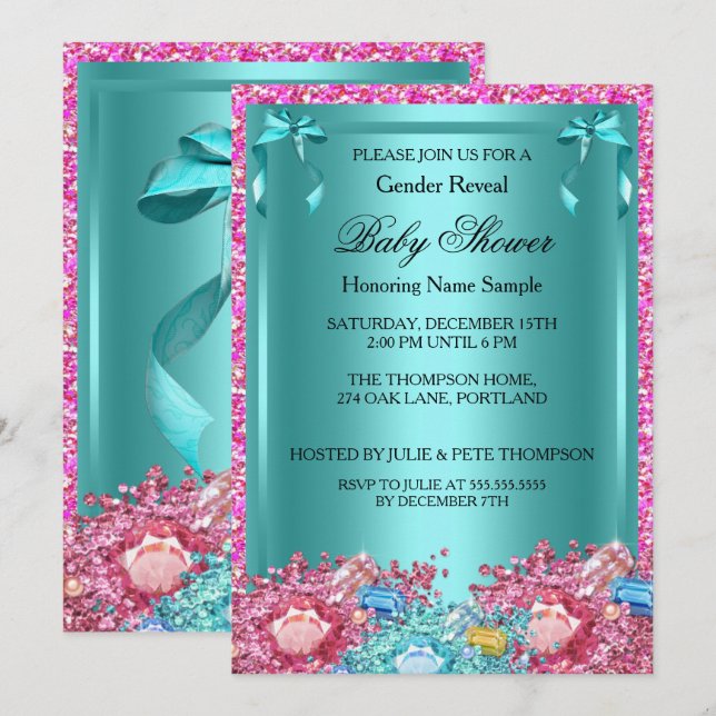 Invitation Baby shower de révélation de genre Crystals rose T (Devant / Derrière)