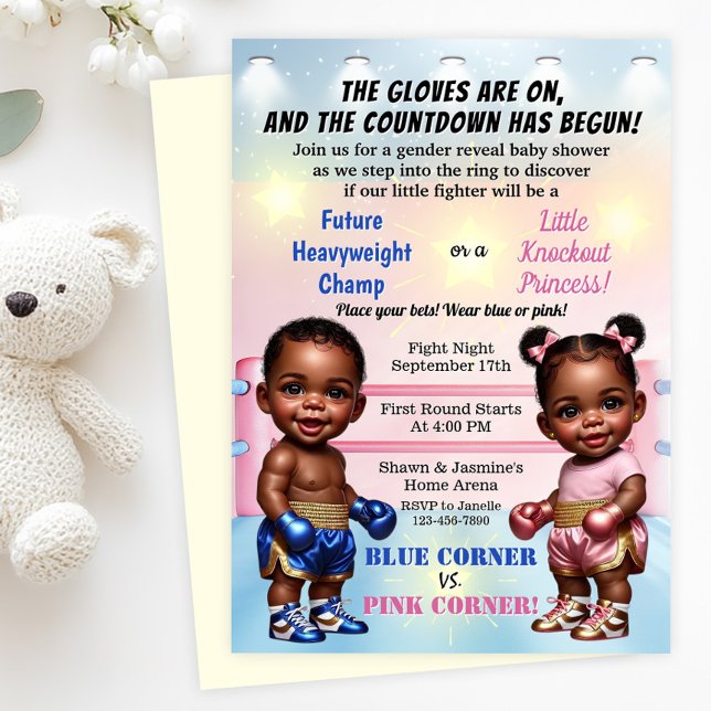 Invitation Baby shower de révélation de genre de boxe (Boxing gender reveal baby shower invitation with adorable baby boxers! Simply add your details.)