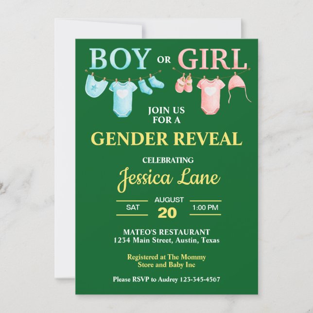 Invitation Baby shower de révélation de genre de garçon ou de (Devant)