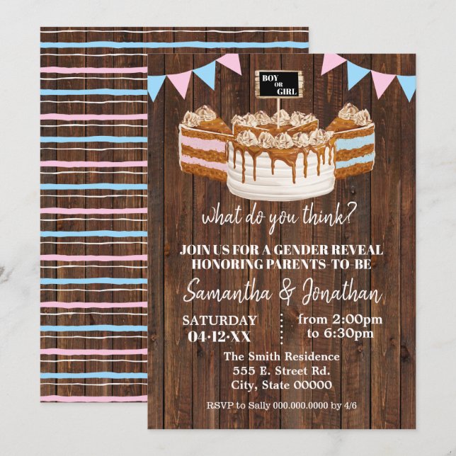 Invitation Baby shower de révélation de genre de gâteau bleu  (Devant / Derrière)