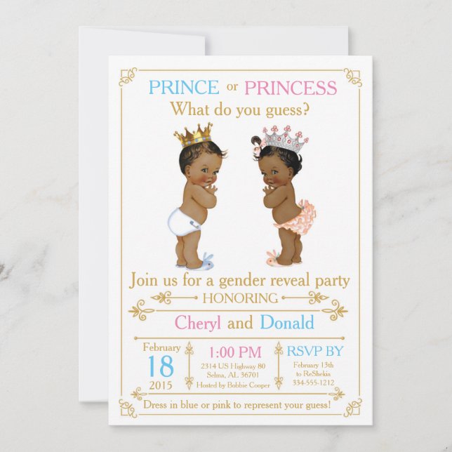 Invitation Baby shower de révélation de genre Prince or ou Pr (Devant)