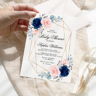 Invitation Baby shower de Rose bleu bleu bleu marine