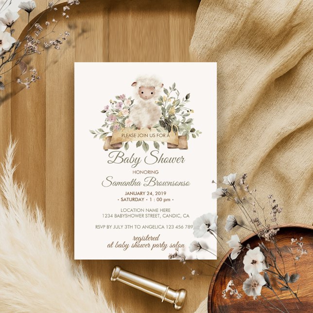 Invitation Baby shower de ruban botanique de l'agneau à mouto (Créateur téléchargé)