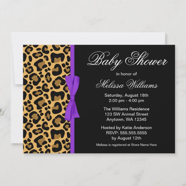 Invitation Baby shower de ruban imprimé Leopard Motif violet (Devant)