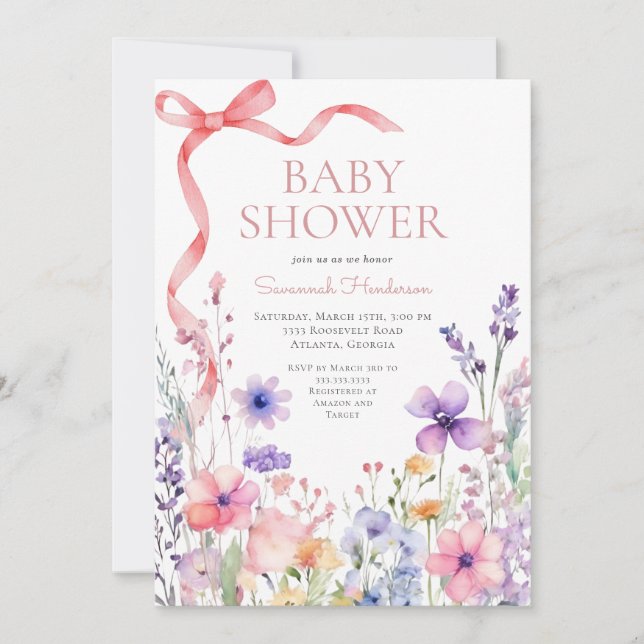 Invitation Baby shower de ruban rose fleur sauvage (Devant)