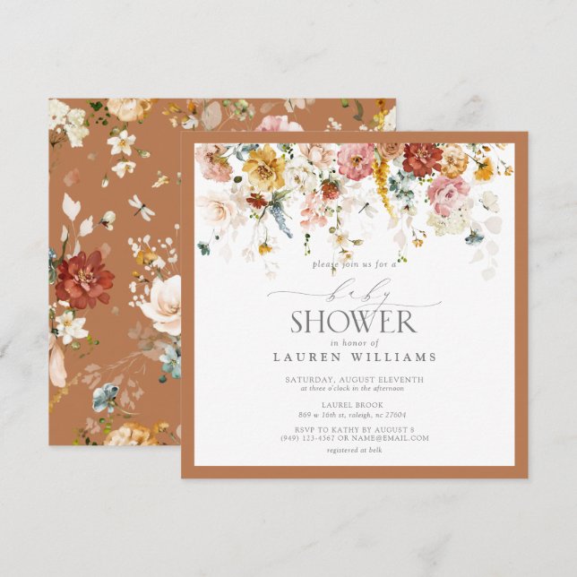 Invitation Baby shower de script à gouttes florales d'orange  (Devant / Derrière)