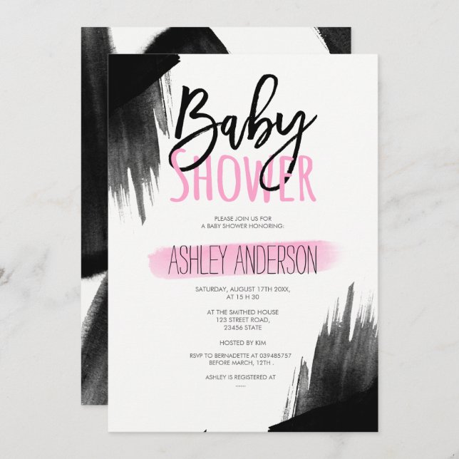 Invitation Baby shower de script de l'aquarelle noire rose (Devant / Derrière)