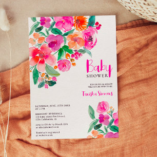 Invitation Baby shower de script floral de chute rose vif