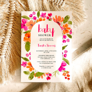 Invitation Baby shower de script floral rose orange boho auto