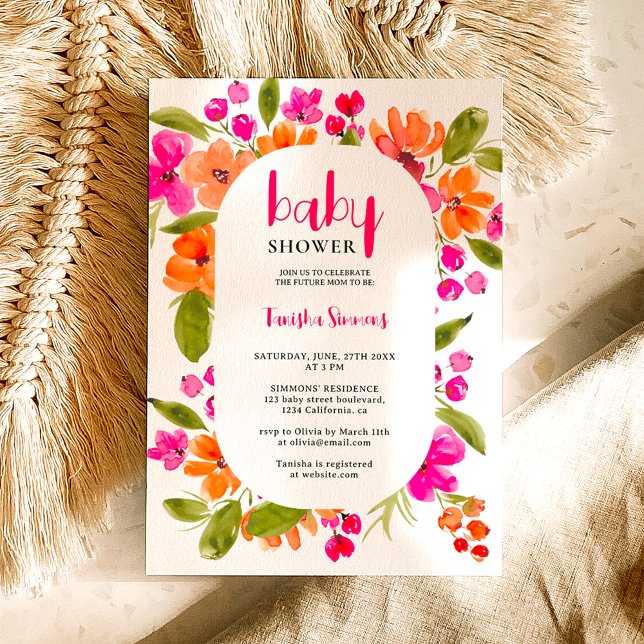 Invitation Baby shower de script floral rose orange boho auto (Fall boho pink orange floral script baby shower invitation)