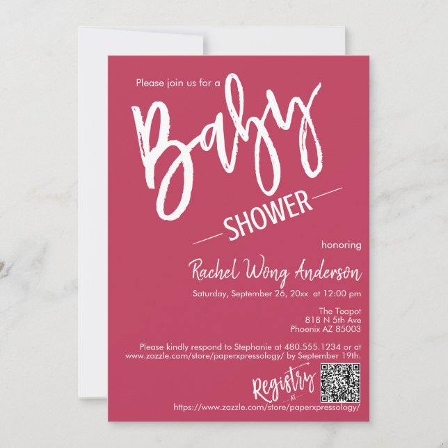 Invitation Baby shower de script minimal Magenta simple Code  (Devant)