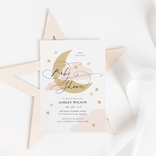 Invitation Baby shower de script Moon et Stars Matte Pink (Créateur téléchargé)