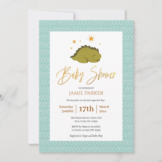 Invitation Baby shower de script or de dinosaure vert mignon (Devant)