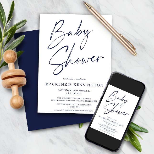 Invitation Baby shower de script simple bleu marine (Navy Blue Simple Script Baby Shower Invitation)